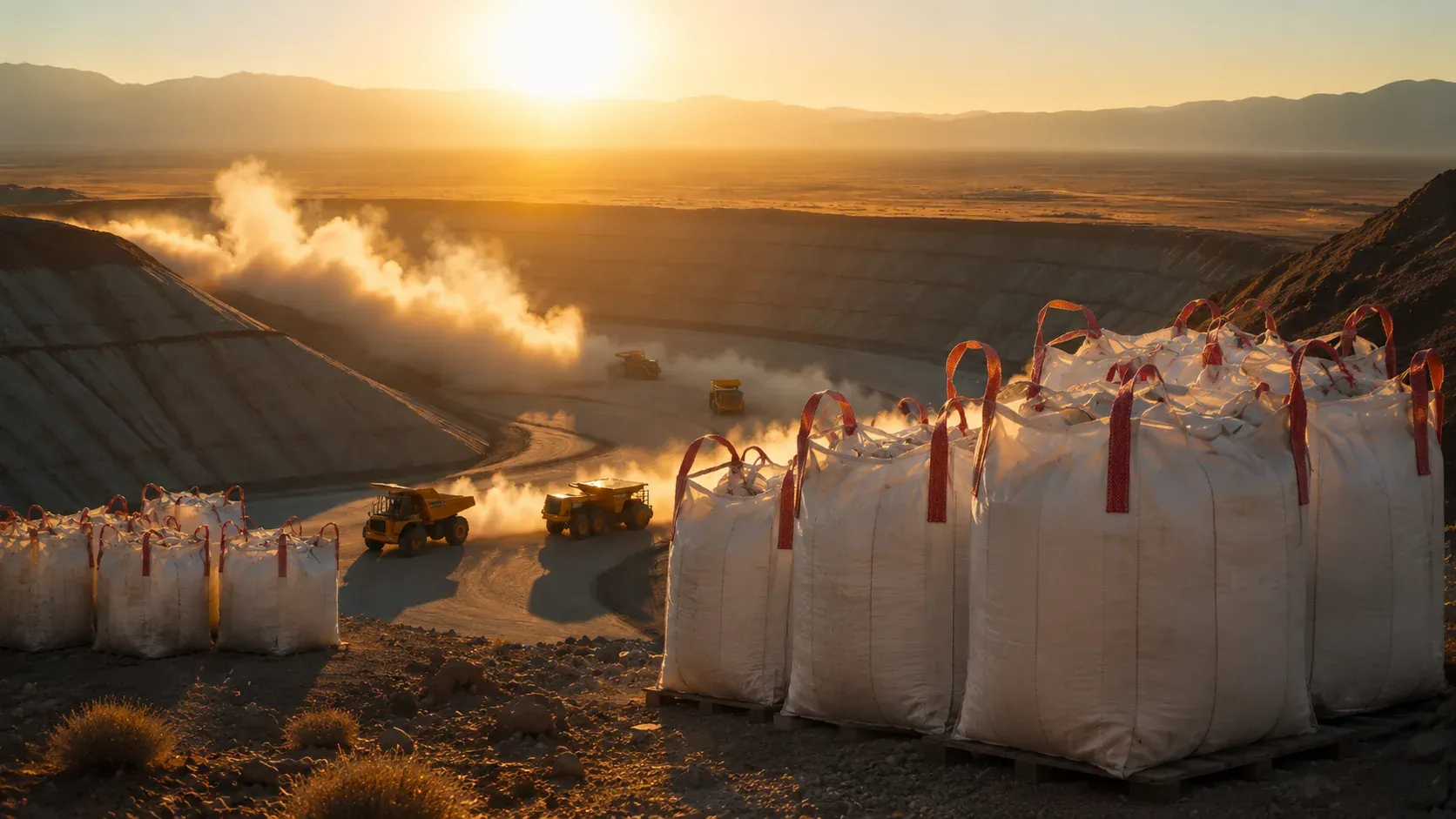 Pallets of white bulk bags with red lift loops staged on the rim of a Nevada open-pit mine while haul trucks raise dust on the haul road below at sunset
