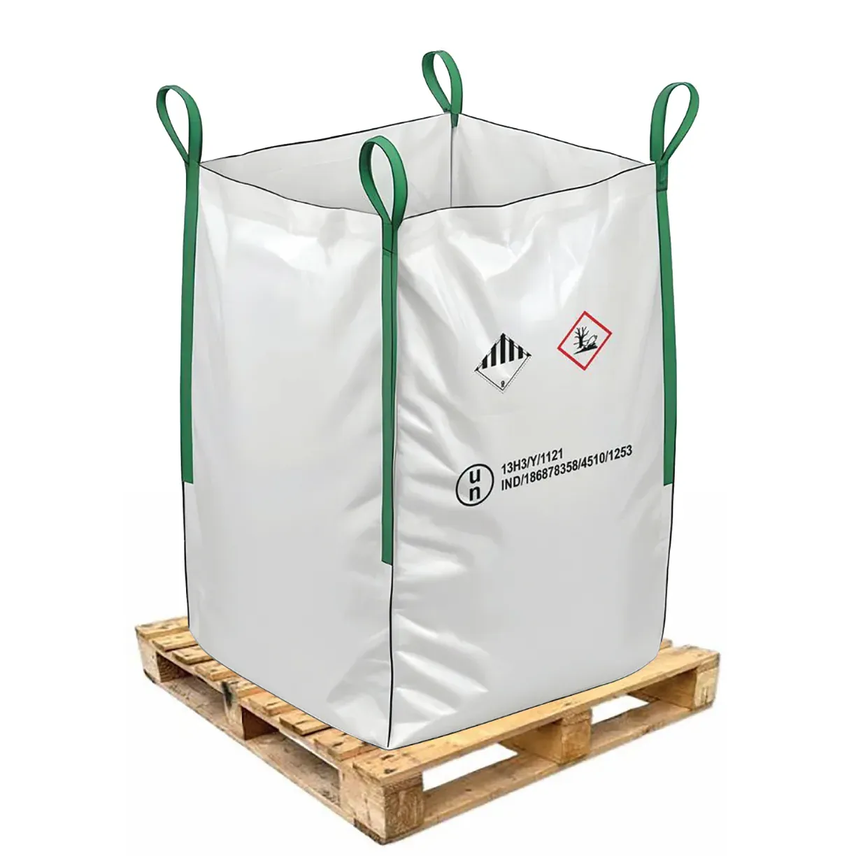 White UN rated hazmat bulk bag with green lift loops and dangerous goods markings on a wooden pallet