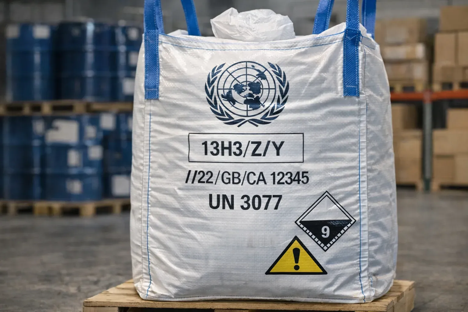 White UN certified bulk bag with blue lift loops and UN markings on a wooden pallet